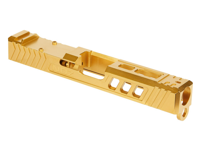 NDZ Glock 19 Gen 1-3 T.R.O.I. Slide with RMR Cut, Gold - Angled View