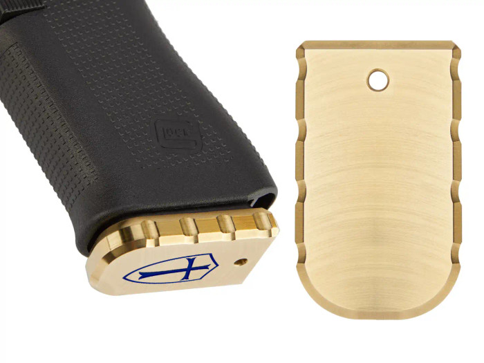 NDZ Glock 43X, 48 Magazine Base Plate, Brass - Product with Gun
