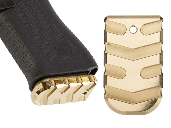NDZ Glock 43X, 48 Brass Magazine Plate, Aspis Cut - Product with Gun