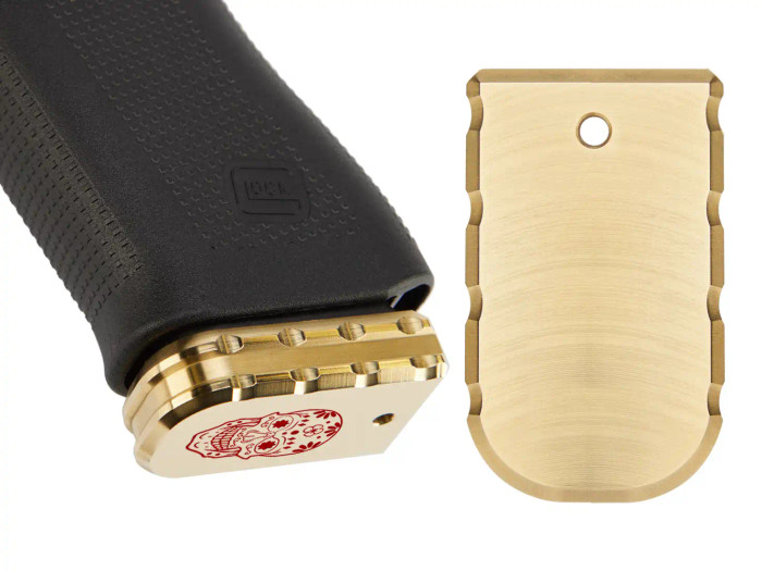 NDZ Glock 43X, 48 Extended Magazine Base Plate, Brass - Product with Gun