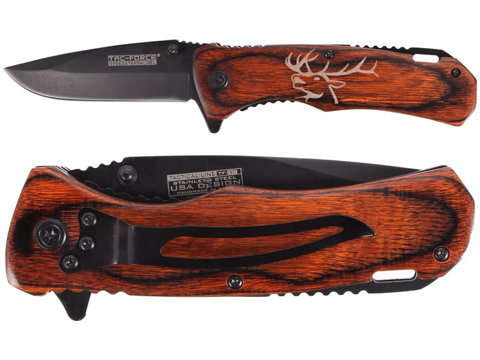 TAC-FORCE TF-939EK Speedster Model Elk Engraved Handle Pocket Knife - Blade Open and Closed