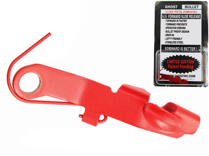 Ghost Forward Bullet Slide Release for Glock GEN 1-4 Cerakote USMC Red - Product with Packaging