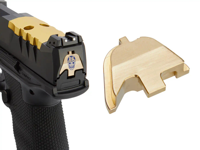 NDZ for Walther PDP Rear Slide Plate, Brass - Product with Gun