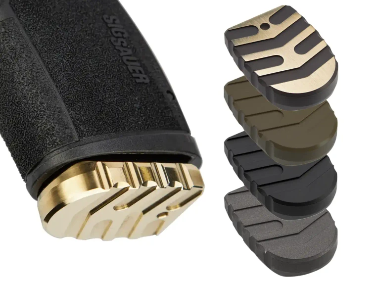 NDZ Sig P365 X Macro Fuse Brass Magazine Plate, Aspis Cut - Product with Gun
