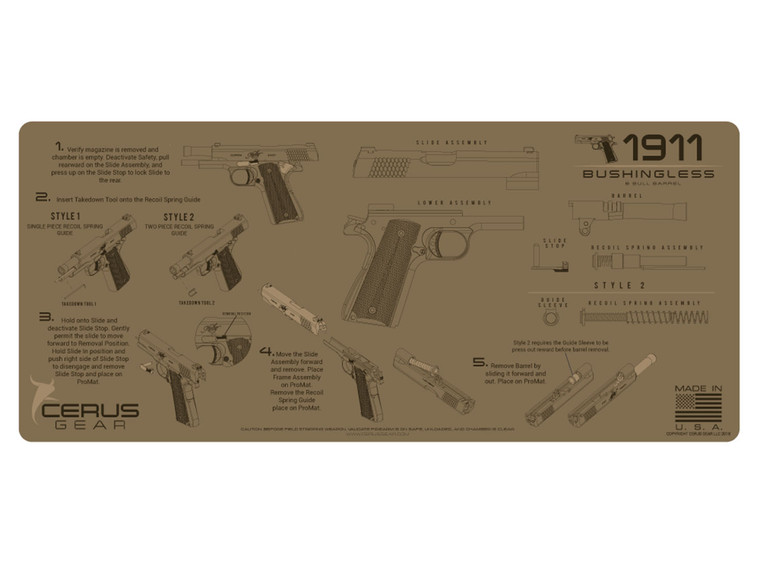 Cerus Gear Gun Mat for 1911 Bushingless Instructional Promat Coyote Brown
