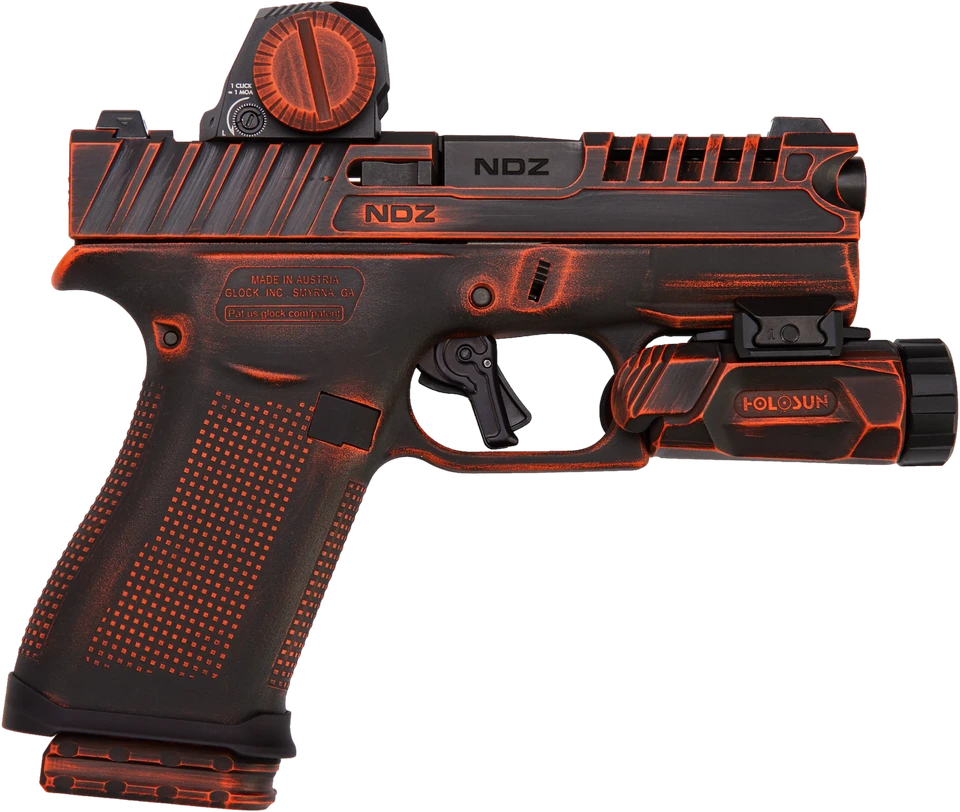 Custom 43X giveaway build with an NDZ ARES slide and barrel, black with red wear