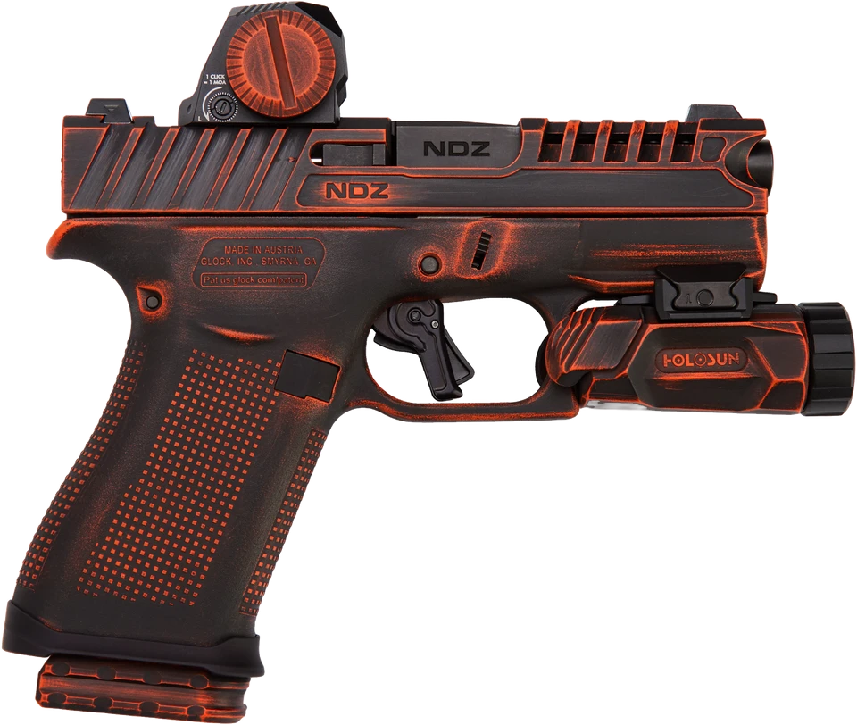 Custom 43X giveaway build with an NDZ ARES slide and barrel, black with red wear