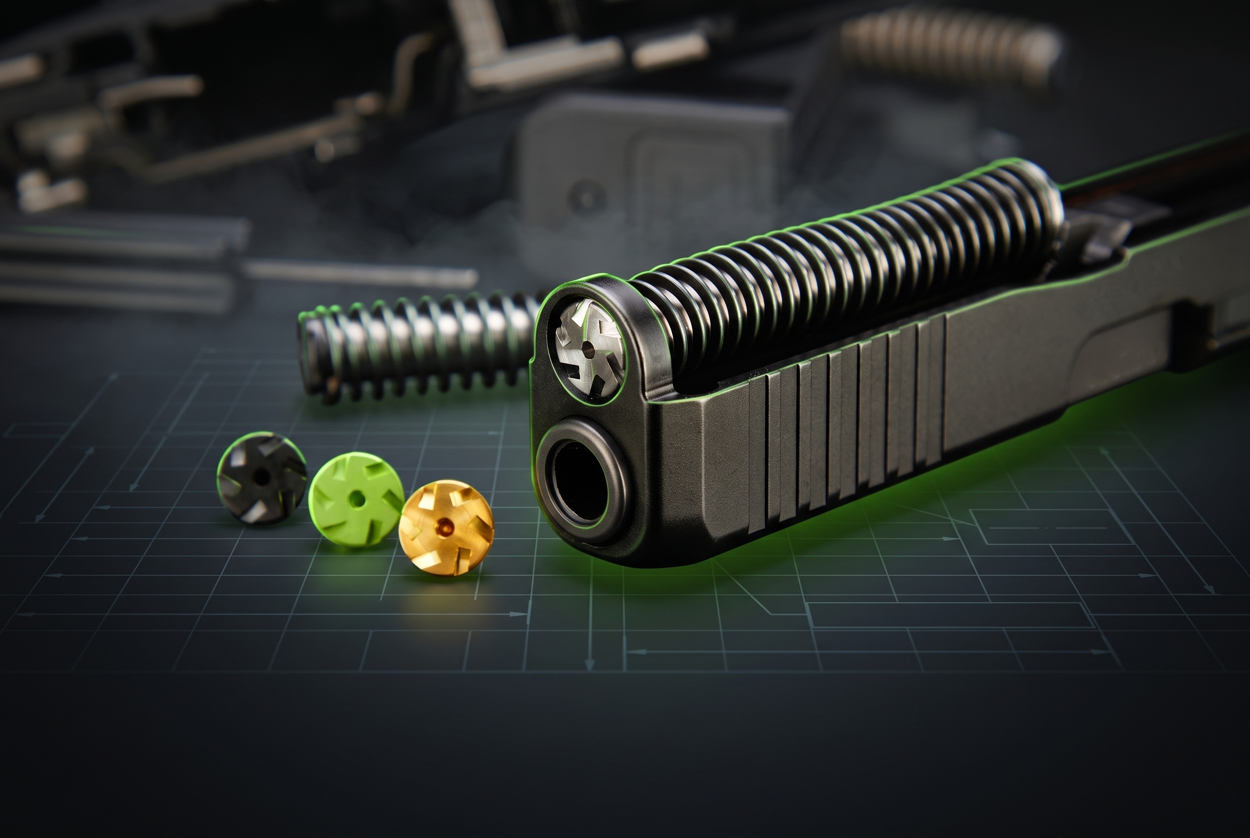 NDZ stainless guide rod and recoil spring seated inside a pistol slide, with 9mm cartridges alongside