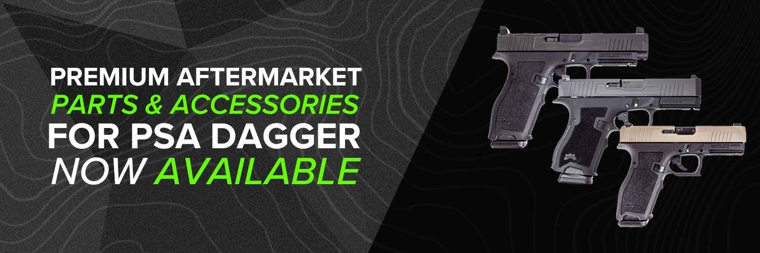 PSA Pistol parts and accessories, showing 3 different psa models, on a sleek black background.