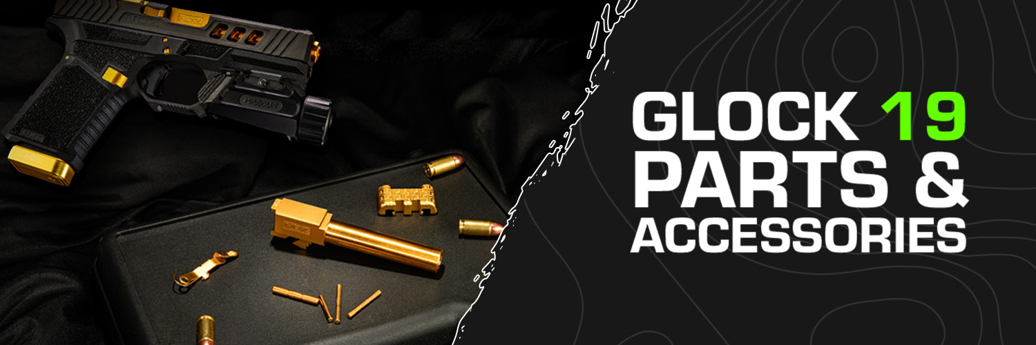 Glock 19 accessories and parts displayed, including a customized Glock 19 handgun with gold upgrades, on a sleek black background.