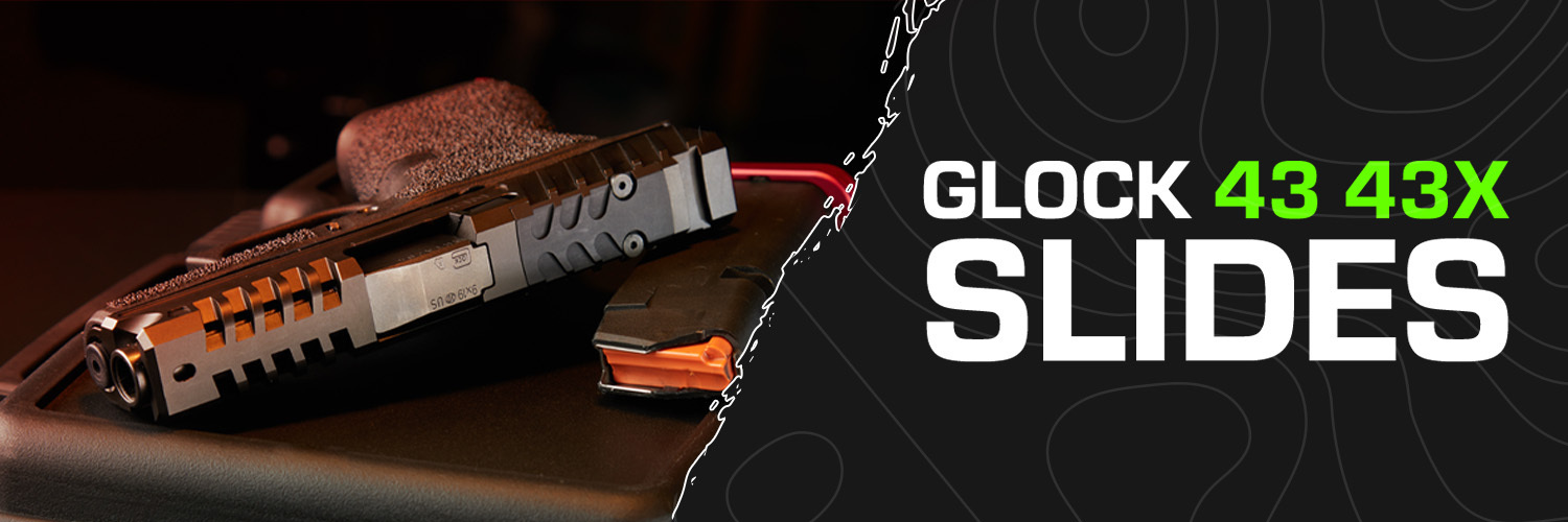 Custom Glock 43X slide showcased with precision design on a tactical black background, emphasizing Glock 43X upgrade options.