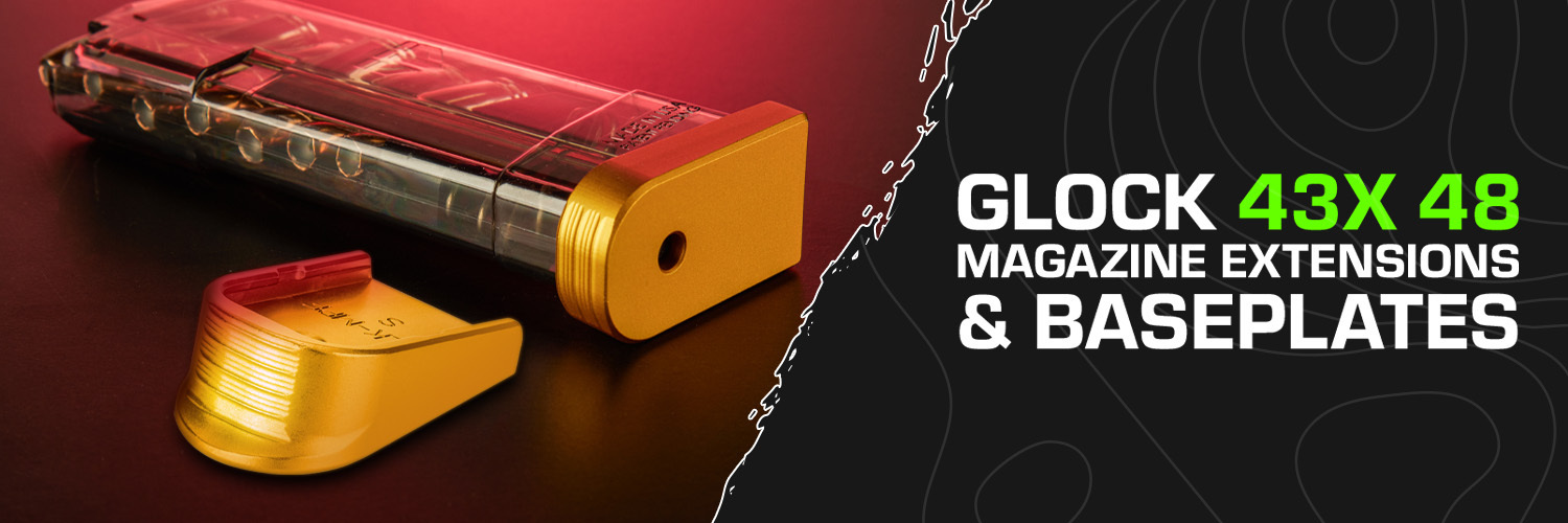 Glock 43X extended mag with a gold magazine extension and matching baseplate, displayed on a red background, showcasing NDZ Performance upgrades.