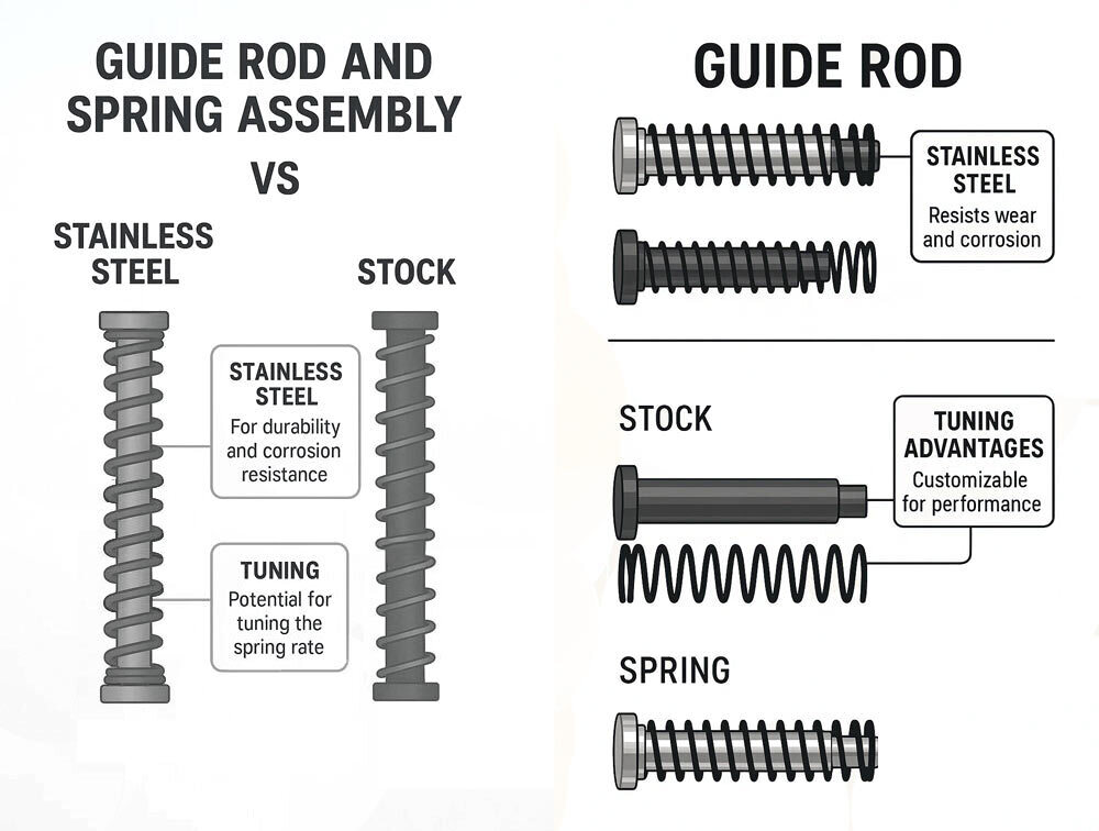 Side-by-side comparison graphic of handgun guide rods and spring assemblies. The left side contrasts a stainless steel guide rod with a stock guide rod. The stainless version is labeled for durability, corrosion resistance, and tuning potential. The stock rod lacks these benefits. The right side breaks down guide rod types individually. The stainless steel rod is noted for resisting wear and corrosion. The stock guide rod is labeled as customizable for performance. A separate spring is also shown.