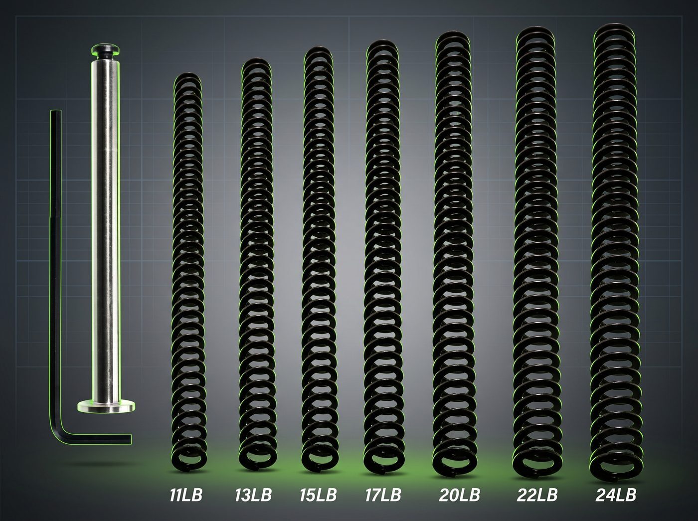 NDZ tuner pack contents: machined stainless steel guide rod and a set of interchangeable recoil springs