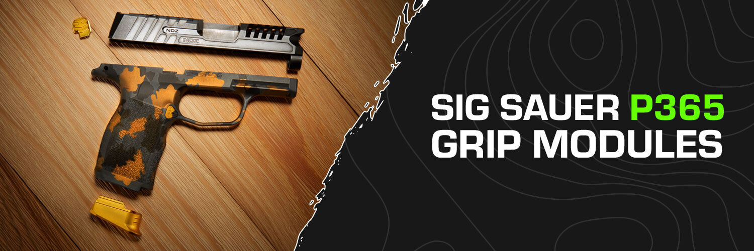 Custom SIG P365 grip module displayed with slide and gold accent parts on a wooden surface, showcasing NDZ Performance upgrade options.