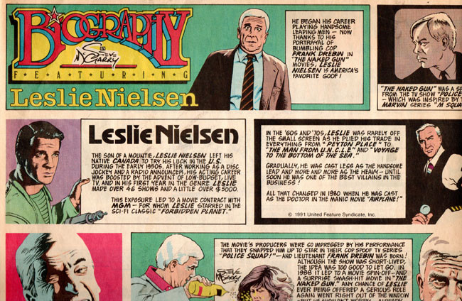 LESLIE NIELSEN BIOGRAPHY - Large Color Newspaper Clipping