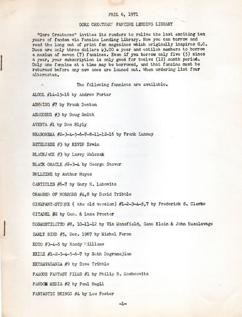 GORE CREATURES (MIDNIGHT MARQUEE) - 1971 Lending Catalog
