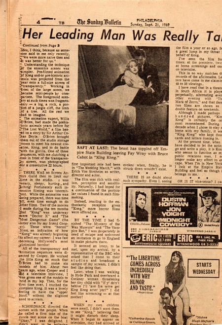 SUNDAY BULLETIN: FAY WRAY - 1969 Vintage Newspaper Section
