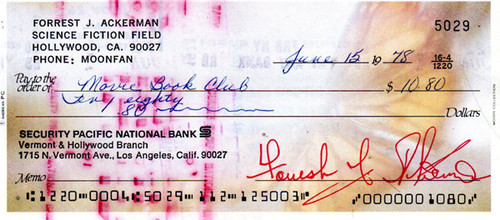 FORREST J ACKERMAN (5029-Movie Book Club) - Canceled Check & Autograph