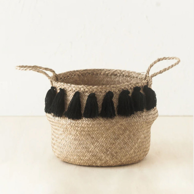 woven storage basket with handles made from seagrass