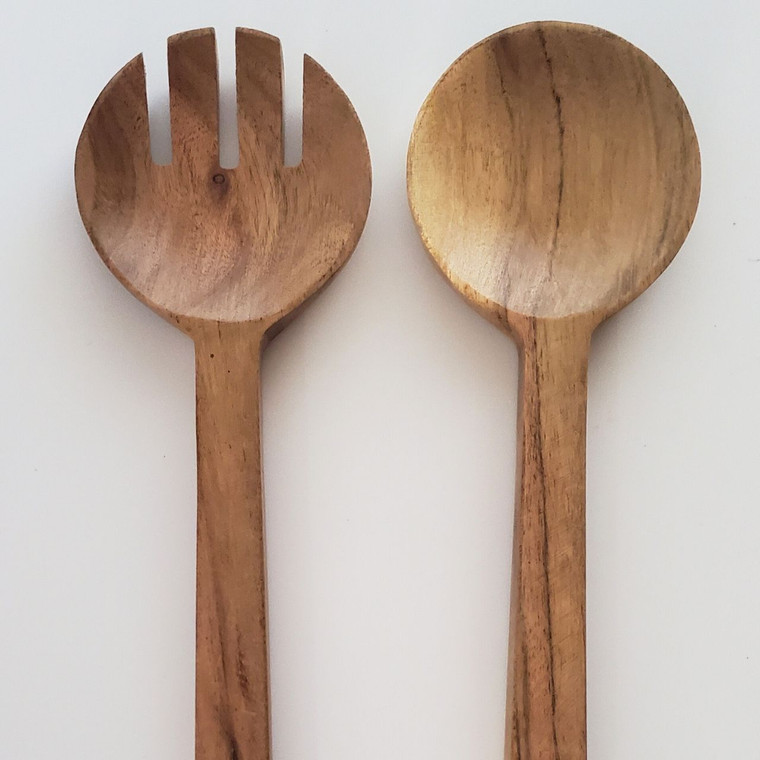 Durable acacia wood salad servers that are perfect for everyday use and entertaining guests. Replace flimsy plastic utensils with these elegant and long-lasting servers.