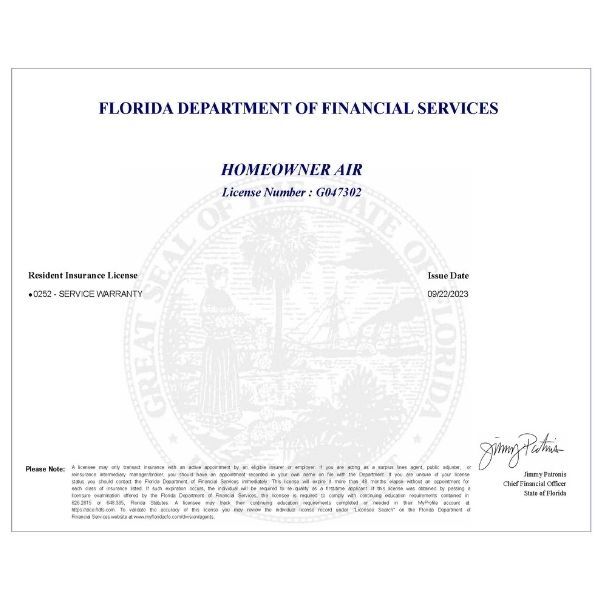 HomeOwner Air holds the Florida  0252 Service Sales Representative – Firm License and is authorized to sell Brand Specific Air Conditioning Extended Warranty and Labor Plans