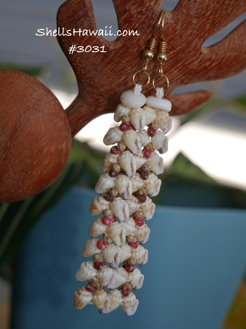 2.5" light yellow Momi, burgundy, green, black, pink/ red Kahelelani heliconia style shell earrings #3031 2.5" light yellow Momi, burgundy, green, black, pink/ red Kahelelani heliconia style shell earrings #3031