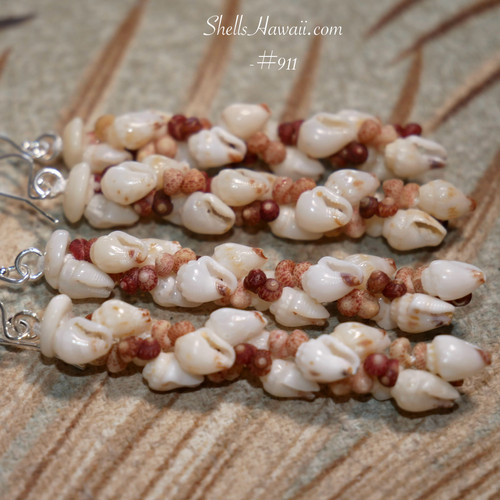2″ Kipona spiral Niʻihau shell earrings handcrafted with off-white Momi shells from Niʻihau and brown/deep burgundy Kahelelani shells from Kauaʻi. Elegant two-strand braided design.