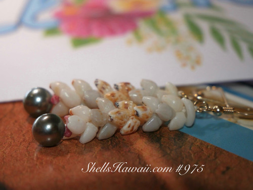 1 3/4” hard to find blue/gray, yellow Momi with Tahitian pearl earrings. Handmade with Hawaiian seashells...by Janjira!/ShellsHawaii #975