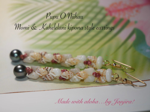 2 1/4” Momi shell earrings| Pupu O Niihau earrings| Handmade seashells from HI with Tahitian pearls earrings| Island style earrings #977