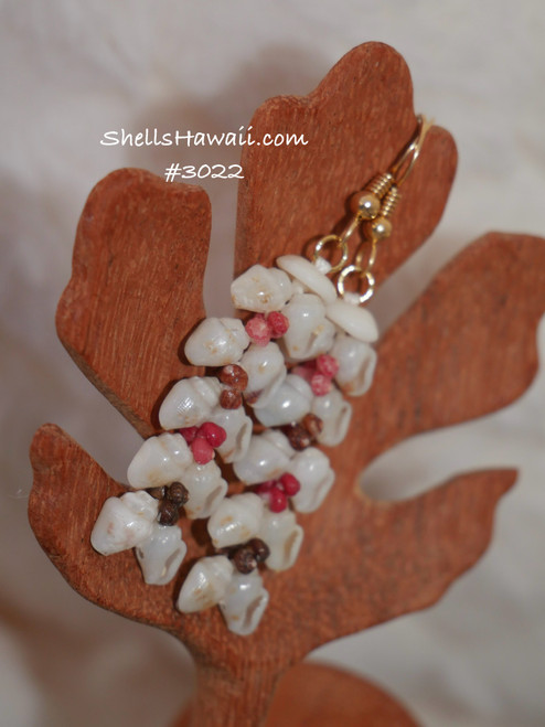 1½″ Kahelelani Heliconia Flowers style earrings crafted from 100% authentic shells from Niʻihau — featuring Momi uliuli, black eleʻele, red ʻākala wai pāpipi, and pink ʻākala pua Kahelelani shells; delicate flow in floral heliconia design.