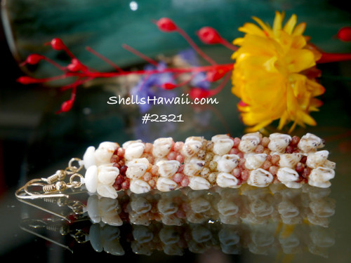 2 5/8 ” light yellow Momi lenalena, burgundy, natural tan, pink, green Kahelelani shell earrings #2321