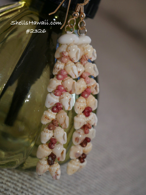 2 3/8" yellow Momi, black, dark burgundy, chocolate, red burgundy, pink, natural color Kahelelani shells design into heliconia style #2326