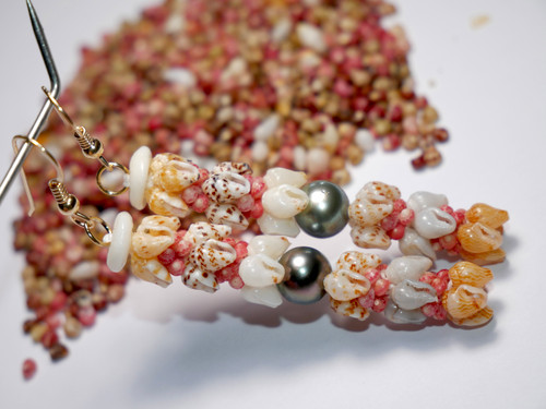 2 1/4" Golden, deep blue, brown spotted, white, black spotted, yellow Momi, pink Kahelelani & Tahitian pearl earrings #2353