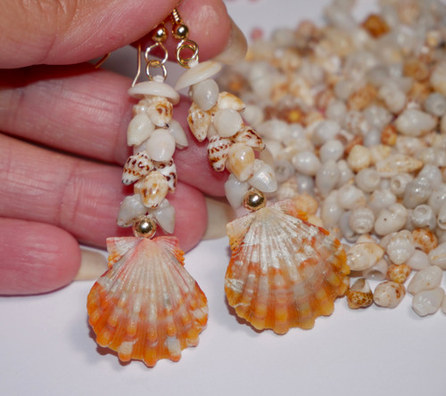 2" blue, yellow, brown spotted, white Momi & orange, gray/blue Sunrise shell earrings #3084