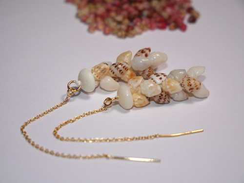 NIER_3069
2. Dainty Niihau shell earrings with mixed color momi shells in pikake style, 14k gold filled threader earrings, Hawaiian seashell jewelry