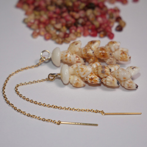 2. Dainty Niihau shell earrings featuring golden Lenalena momi shells on 14k gold filled threaders, elegant Hawaiian seashell jewelry