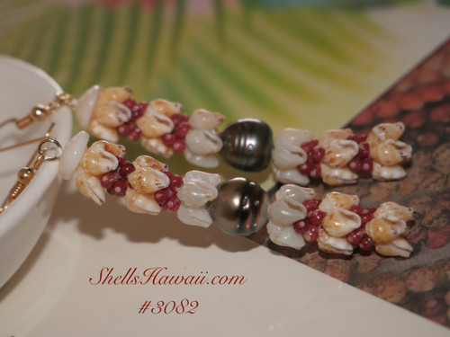 2¼″ Four-Strand Kipona Style Niʻihau Shell Earrings with Tahitian Pearl #3082 2¼″ Four-Strand Kipona Style Niʻihau Shell Earrings with Tahitian Pearl #3082
