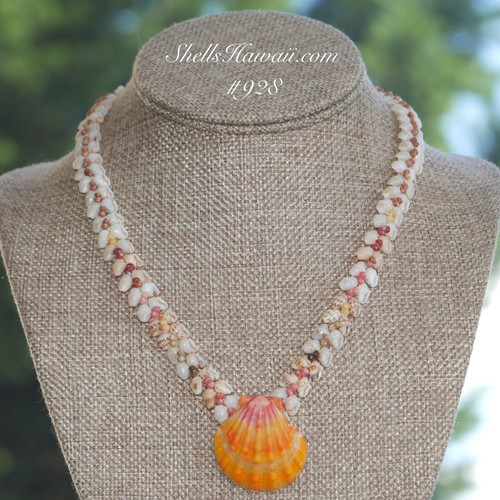 Niʻihau shell jewelry Heliconia style with Sunrise shell pendant handmade Hawaiian necklace