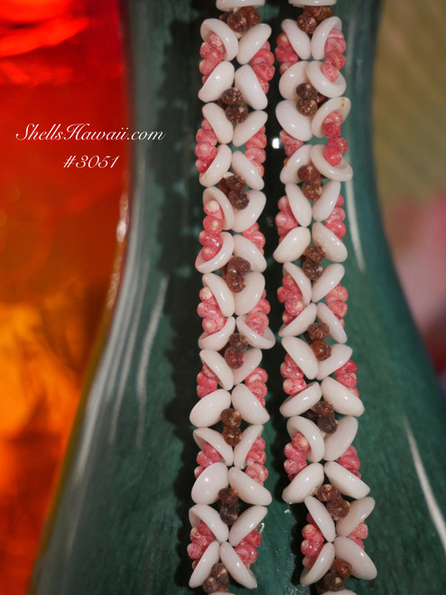 3 1/2"” Puka, pink and black Kahelelani shells plumeria design with Tahitian pearl earrings #3051 3 1/2"” Puka, pink and black Kahelelani shells plumeria design with Tahitian pearl earrings #3051