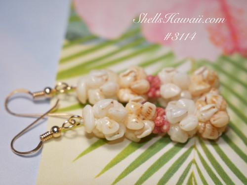 1 1/2" Niihau shell earrings made of yellow, white Momi & pink Kahelelani shells #3114