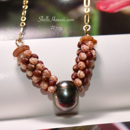 15.5" Niihau & Kauai Kahelelani  poepoe style with Tahitian pearl centerpiece necklace #370
