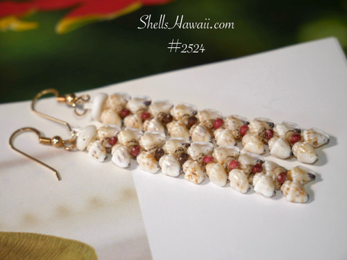 2½″ Niʻihau Heliconia Flower style earrings handcrafted with light yellow Lenalena Momi shells, accented with burgundy, green, red/pink, and black Kahelelani shells in a cascading sunrise motif.