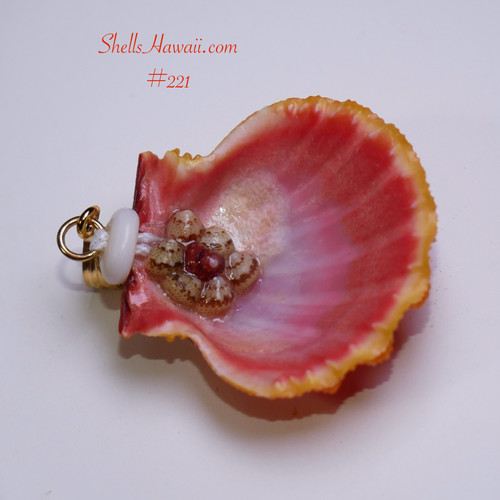 Pink, orange, and white Hawaiian sunrise shell pendant with authentic Niʻihau shells and Kahelelani flower accent