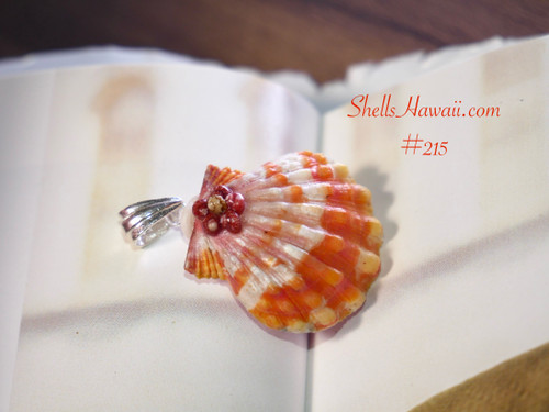 Pink, orange, and white Hawaiian sunrise shell pendant with authentic Niʻihau shells and Kahelelani flower accent