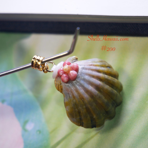 Green and purple Hawaiian sunrise shell pendant with authentic Niʻihau shells and Kahelelani flower accent