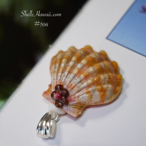 Authentic Sunrise shell pendant with Niʻihau Kahelelani flower design, sterling silver bail Authentic Sunrise shell pendant with Niʻihau Kahelelani flower design, sterling silver bail