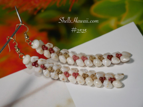 2¾″ Niʻihau shell earrings in Heliconia flower style, handcrafted with off-white Momi shells accented by rich red burgundy, vibrant green, and delicate pink flower Kahelelani shells. Graceful and elegant silhouette.