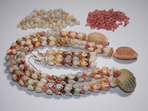 Niʻihau shell jewelry double Kipona style with Moonrise shell pendant handcrafted Hawaiian necklace and earrings set