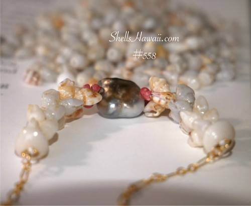 Niʻihau shell necklace featuring Tahitian keshi pearl, handmade Hawaiian jewelry with Momi shells and gold filled chain